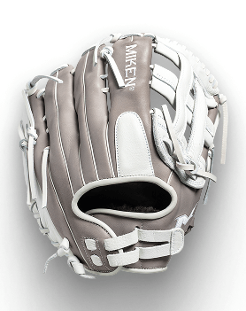 Gray and white baseball glove with MIKEN logo.